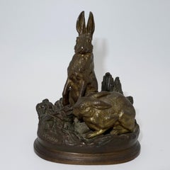 French 19th century Animalier bronze of Two Hares on a naturalistic base