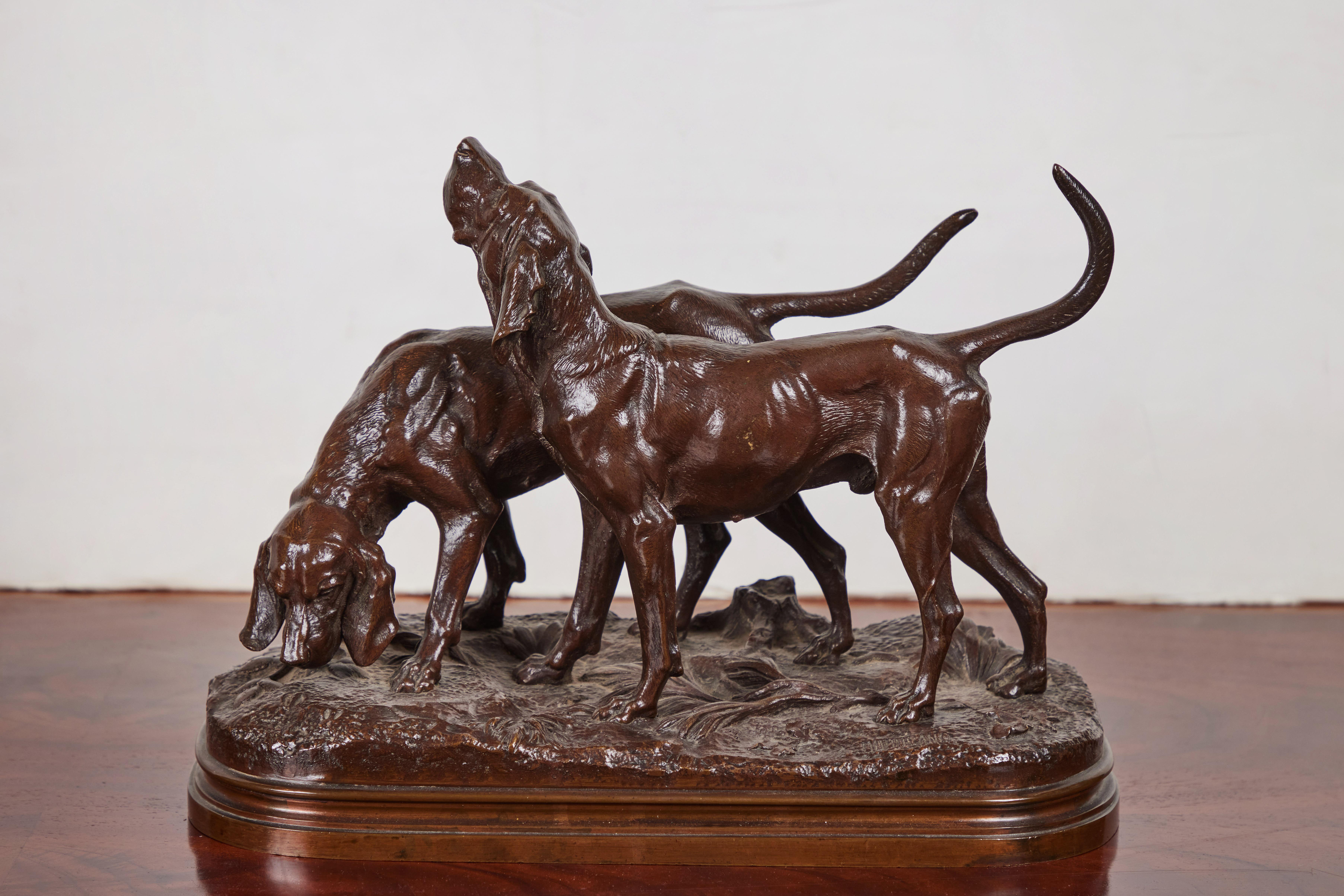 Cette sculpture en bronze patiné, d'une grande vivacité et d'une grande beauté, représente deux chiens de chasse sur un sol forestier luxuriant. Elle est l'œuvre de l'artiste français Alfred Dubucand (1828-1894).

Partisan du réalisme romantique,
