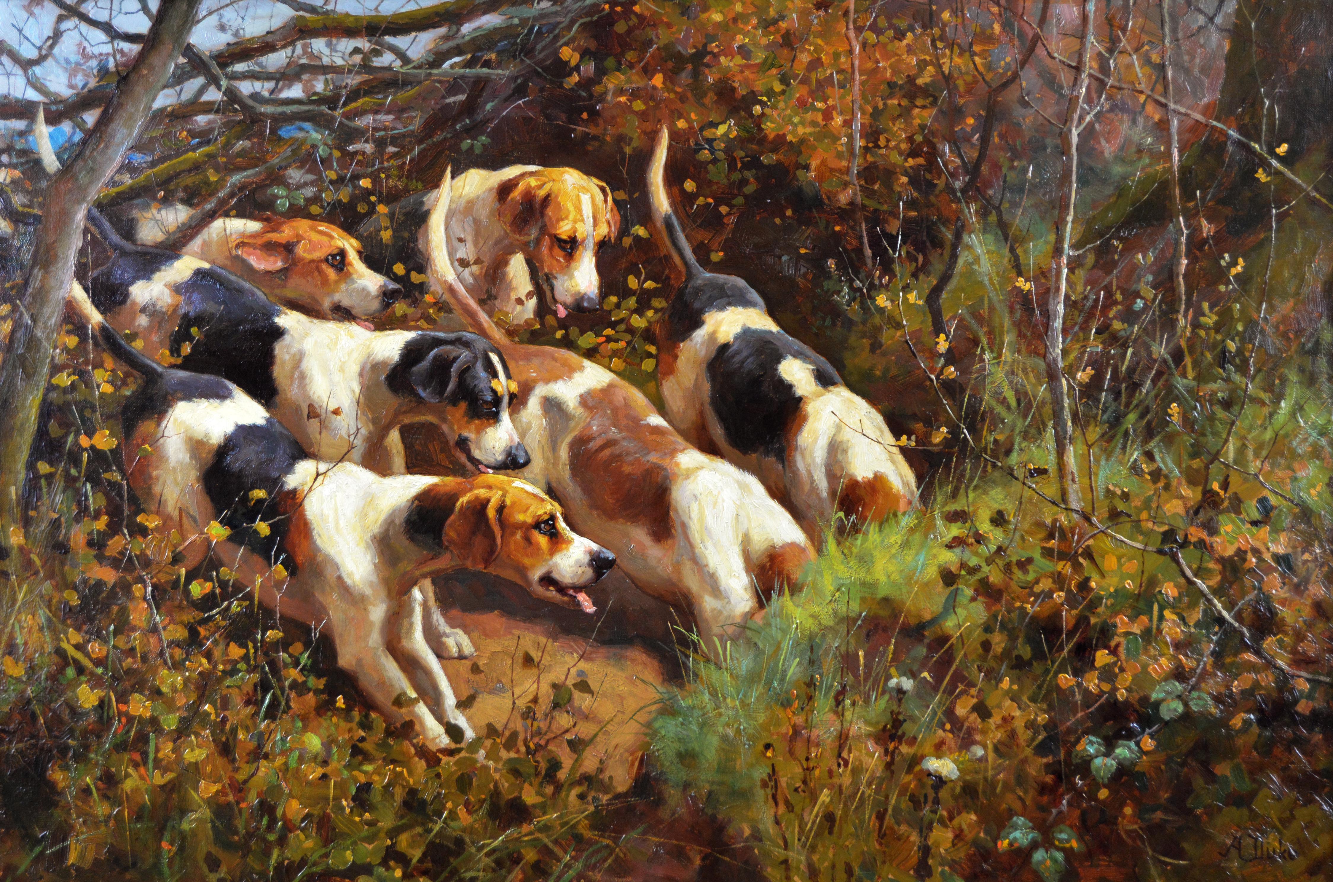 19th Century landscape sporting oil painting of dogs hunting - Painting by Alfred Duke