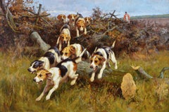 Peinture à l'huile du 19e siècle représentant un paysage sportif de chasse aux chiens