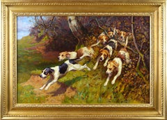 19th Century landscape sporting oil painting of dogs hunting