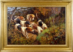 Antique 19th Century landscape sporting oil painting of dogs hunting