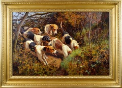 19th Century landscape sporting oil painting of dogs hunting