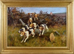 19th Century landscape sporting oil painting of dogs hunting