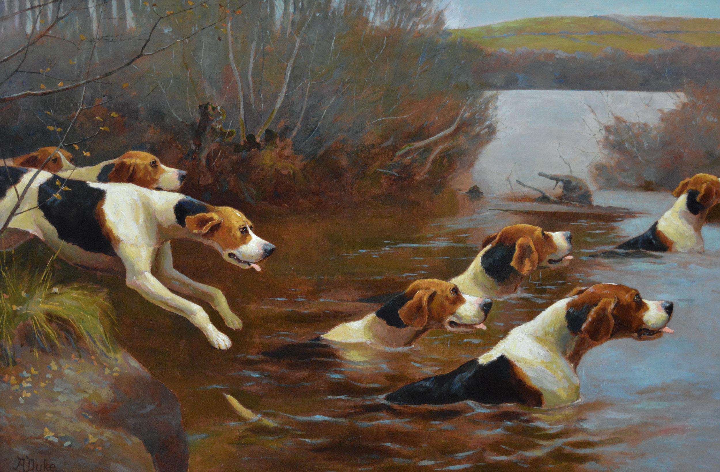 19th Century sporting oil painting of hunting dogs crossing a river  - Painting by Alfred Duke