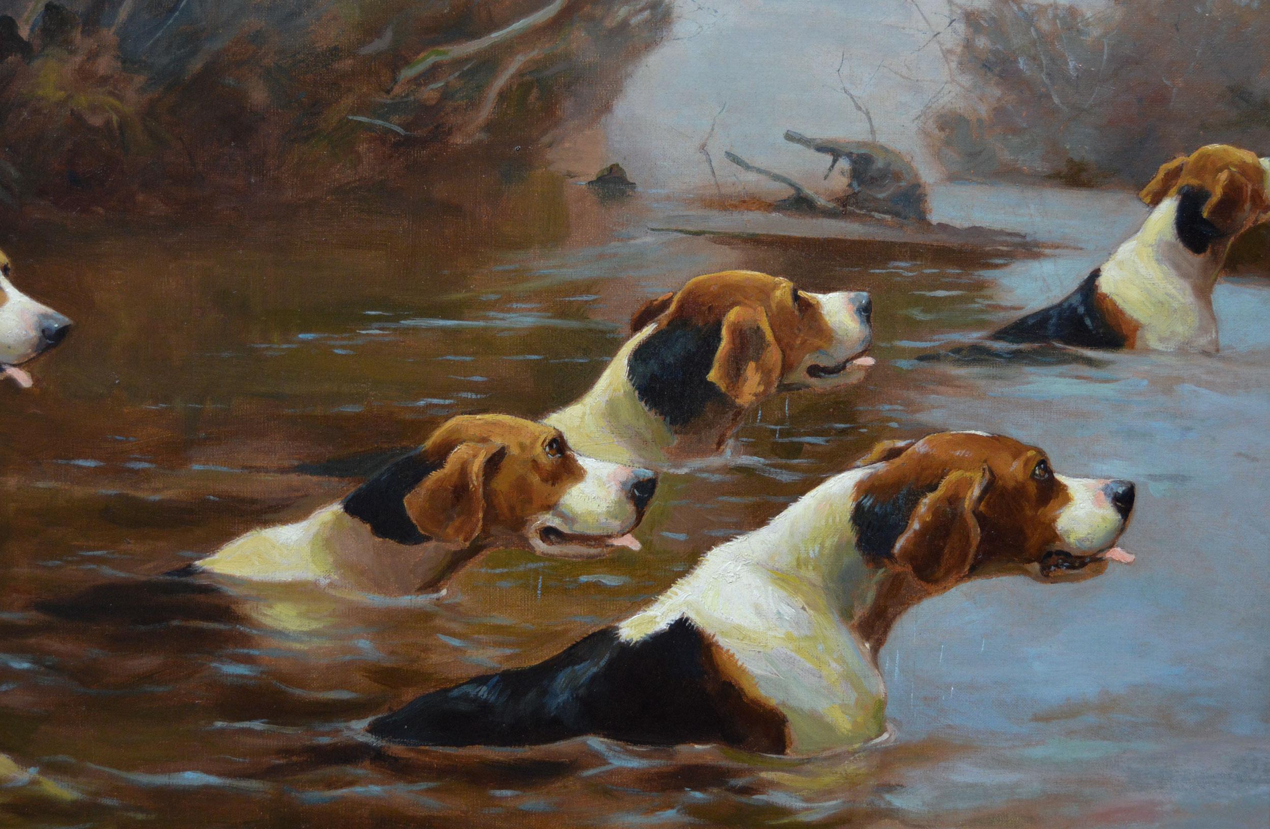 19th Century sporting oil painting of hunting dogs crossing a river  - Victorian Painting by Alfred Duke