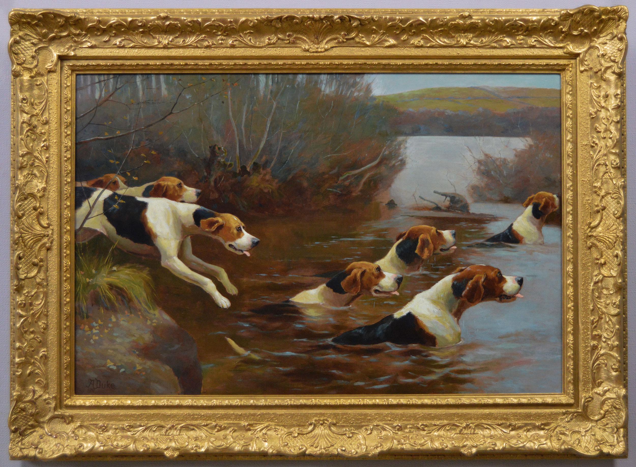 19th Century sporting oil painting of hunting dogs crossing a river 