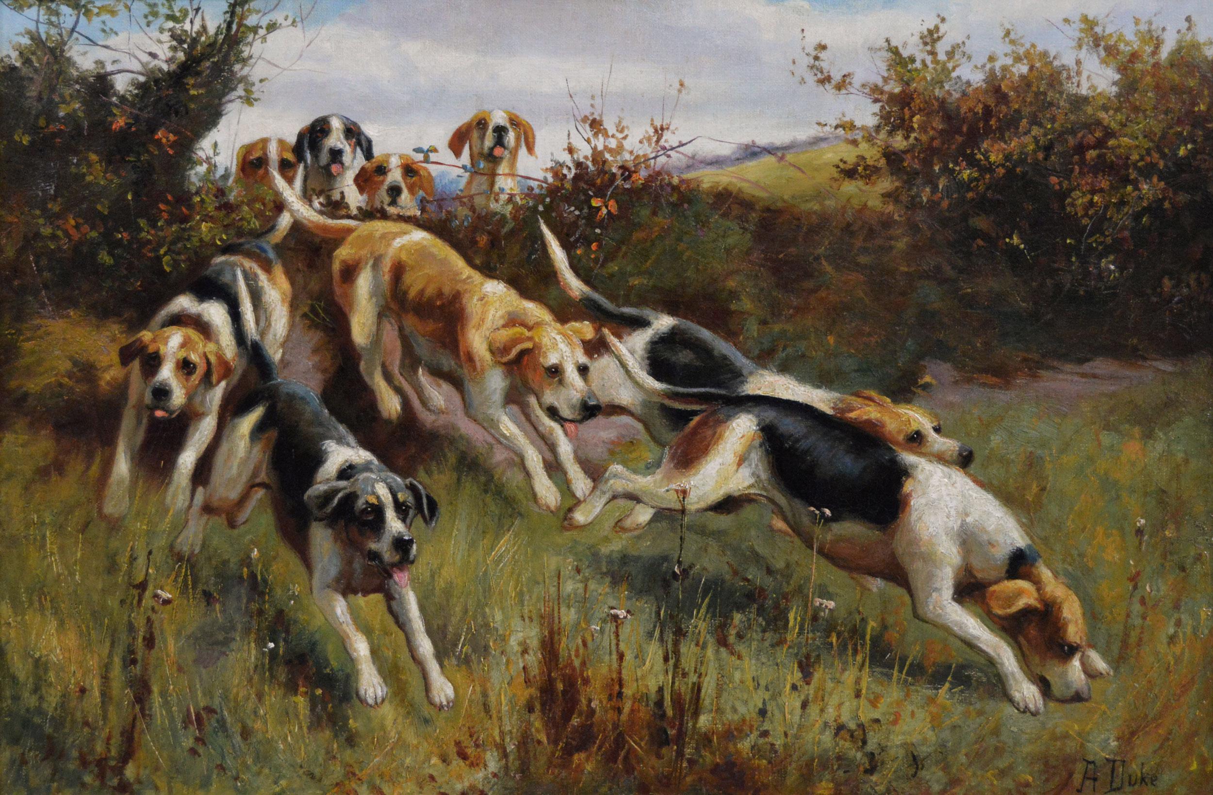 Dipinto a olio sportivo del XIX secolo raffigurante cani da caccia che scavalcano una siepe - Painting di Alfred Duke