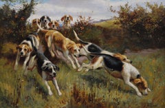 19th century sporting oil painting of hunting dogs going over a hedge
