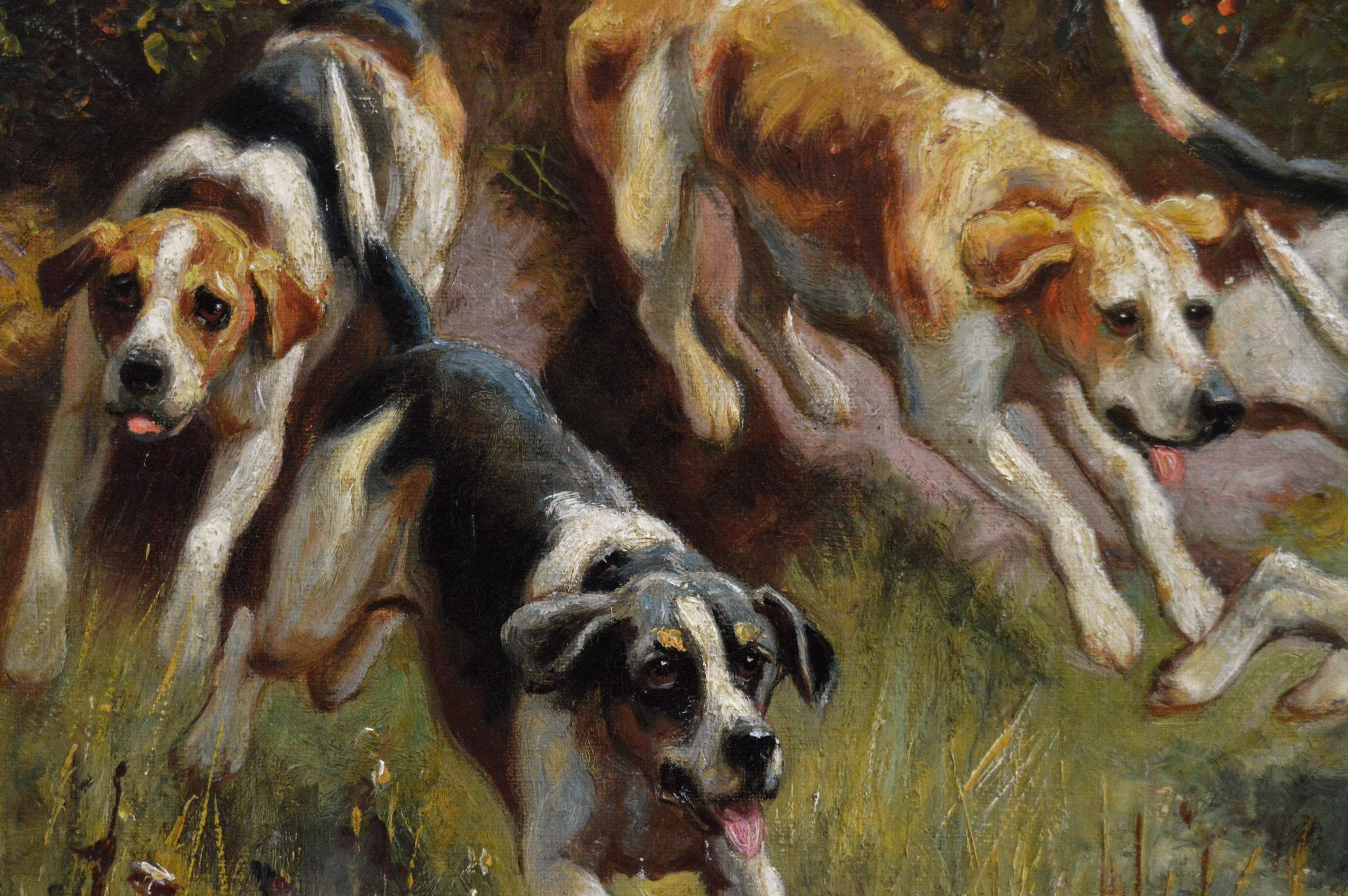 Dipinto a olio sportivo del XIX secolo raffigurante cani da caccia che scavalcano una siepe - Painting Vittoriano di Alfred Duke