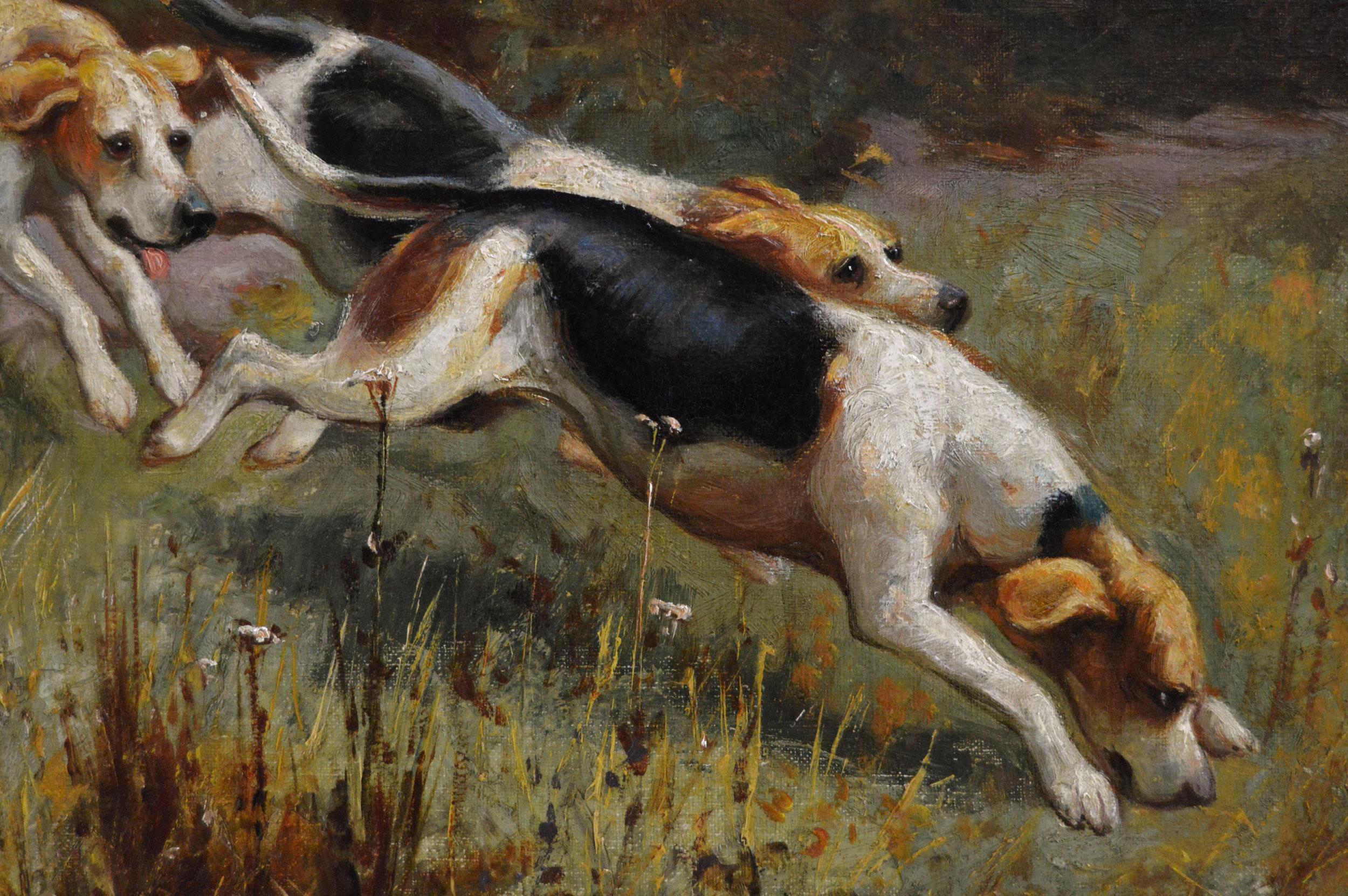 Dipinto a olio sportivo del XIX secolo raffigurante cani da caccia che scavalcano una siepe - Animal Painting Marrone di Alfred Duke