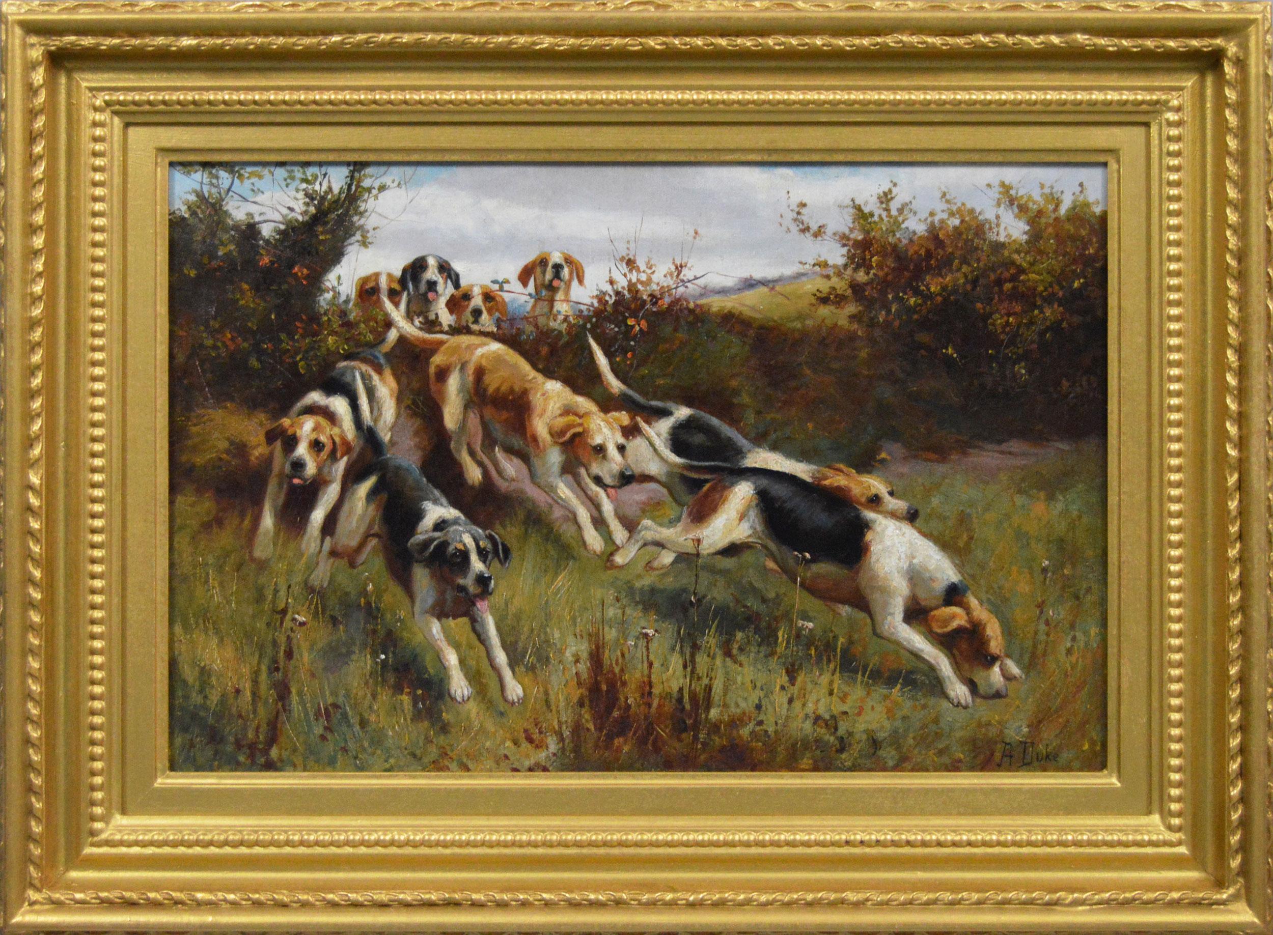 Dipinto a olio sportivo del XIX secolo raffigurante cani da caccia che scavalcano una siepe