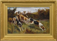 Antique 19th century sporting oil painting of hunting dogs going over a hedge