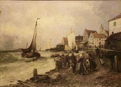 Alfred Dumont (SWISS, 1828 - 1894) "The boat harbor" oil on canvas. 19th century