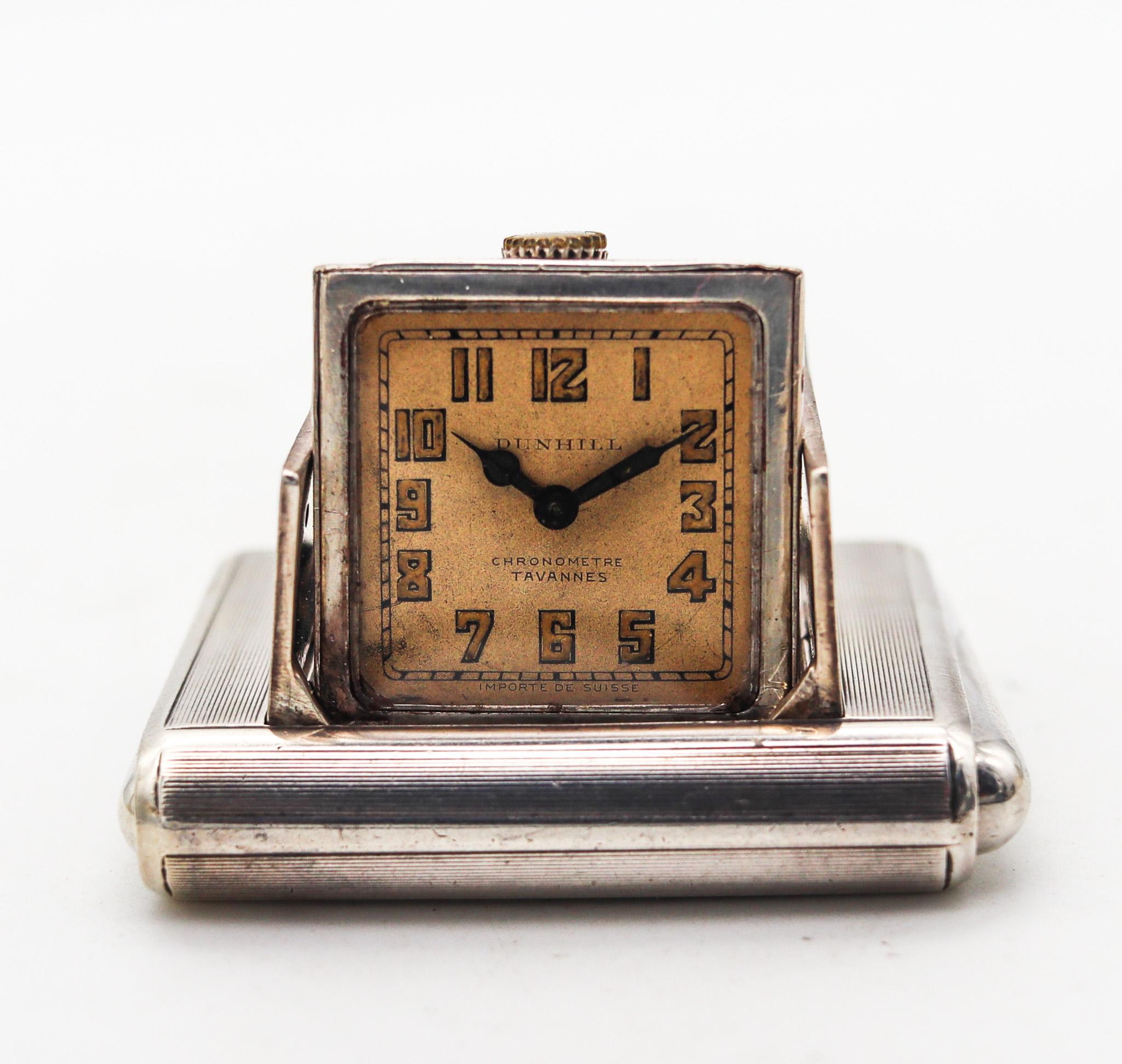 Alfred Dunhill 1928 Art Deco La Captive Squeeze Travel Clock In .925 Sterling  In Good Condition For Sale In Miami, FL