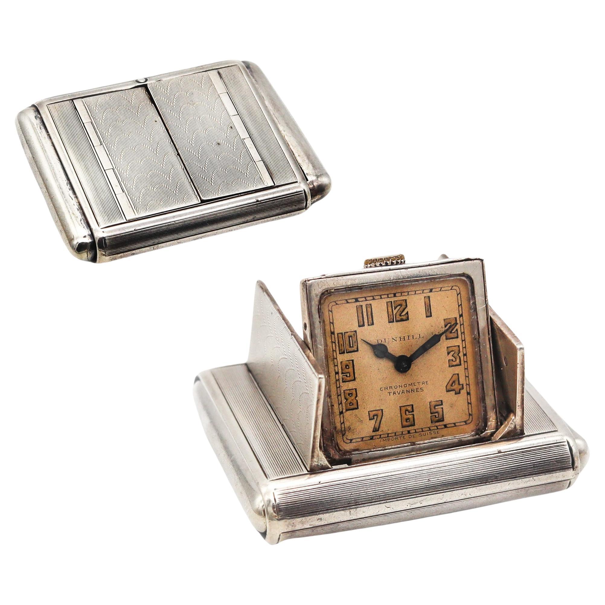 Alfred Dunhill 1928 Art Deco La Captive Squeeze Travel Clock In .925 Sterling  im Angebot