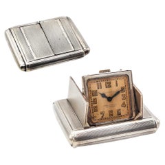 Used Alfred Dunhill 1928 Art Deco La Captive Squeeze Travel Clock In .925 Sterling 