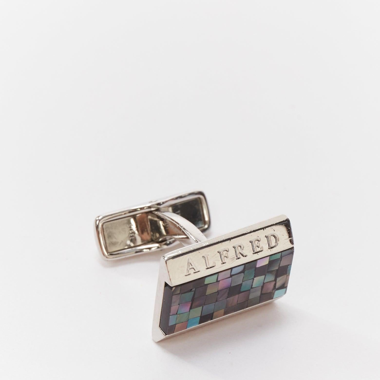 Gray ALFRED DUNHILL 925 steel holographic mosaic tile split logo cufflinks For Sale
