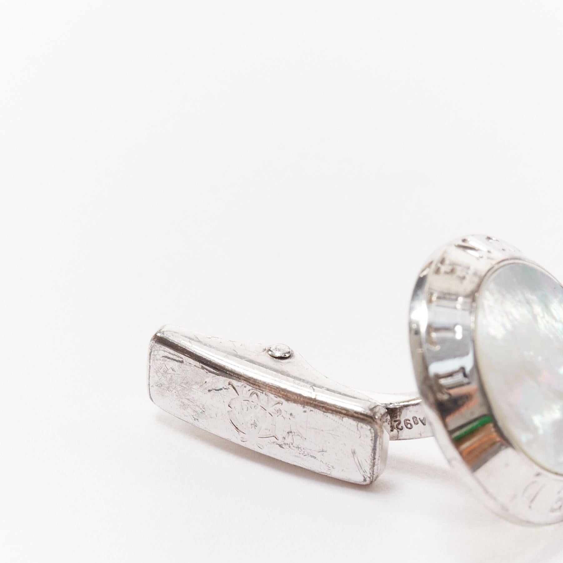 ALFRED DUNHILL 925 steel holographic mother of pearl round logo cufflinks In Fair Condition For Sale In Hong Kong, NT