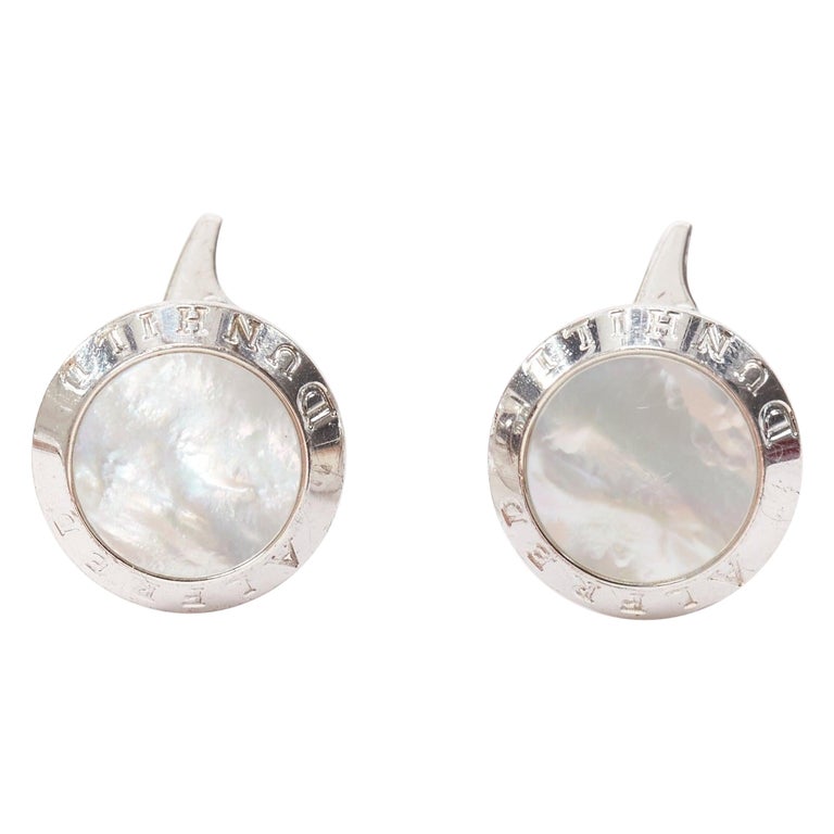 Boutons De Manchettes Ronds Art Déco - Métal Argenté Serti De Nacre Blanche - Occasion