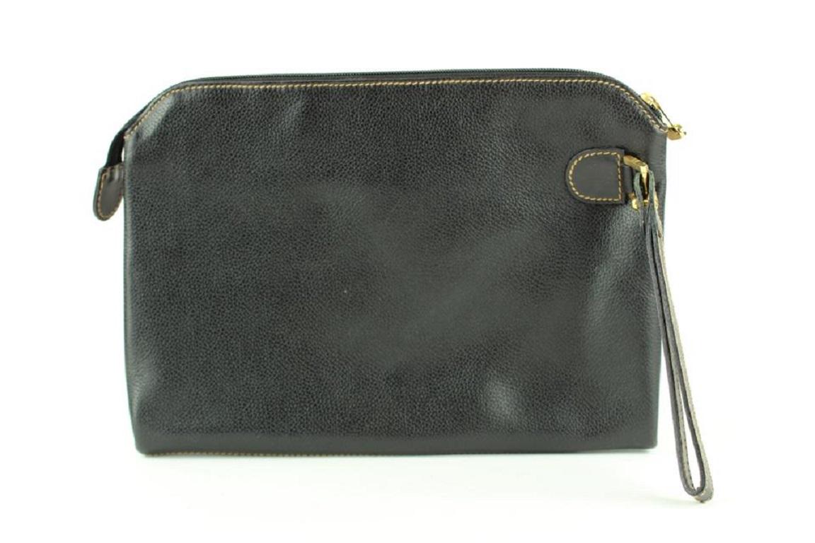 Women's Alfred Dunhill Black Leather Pochette Zip Clutch Wristlet Pouch Bag 2DHL1127 For Sale
