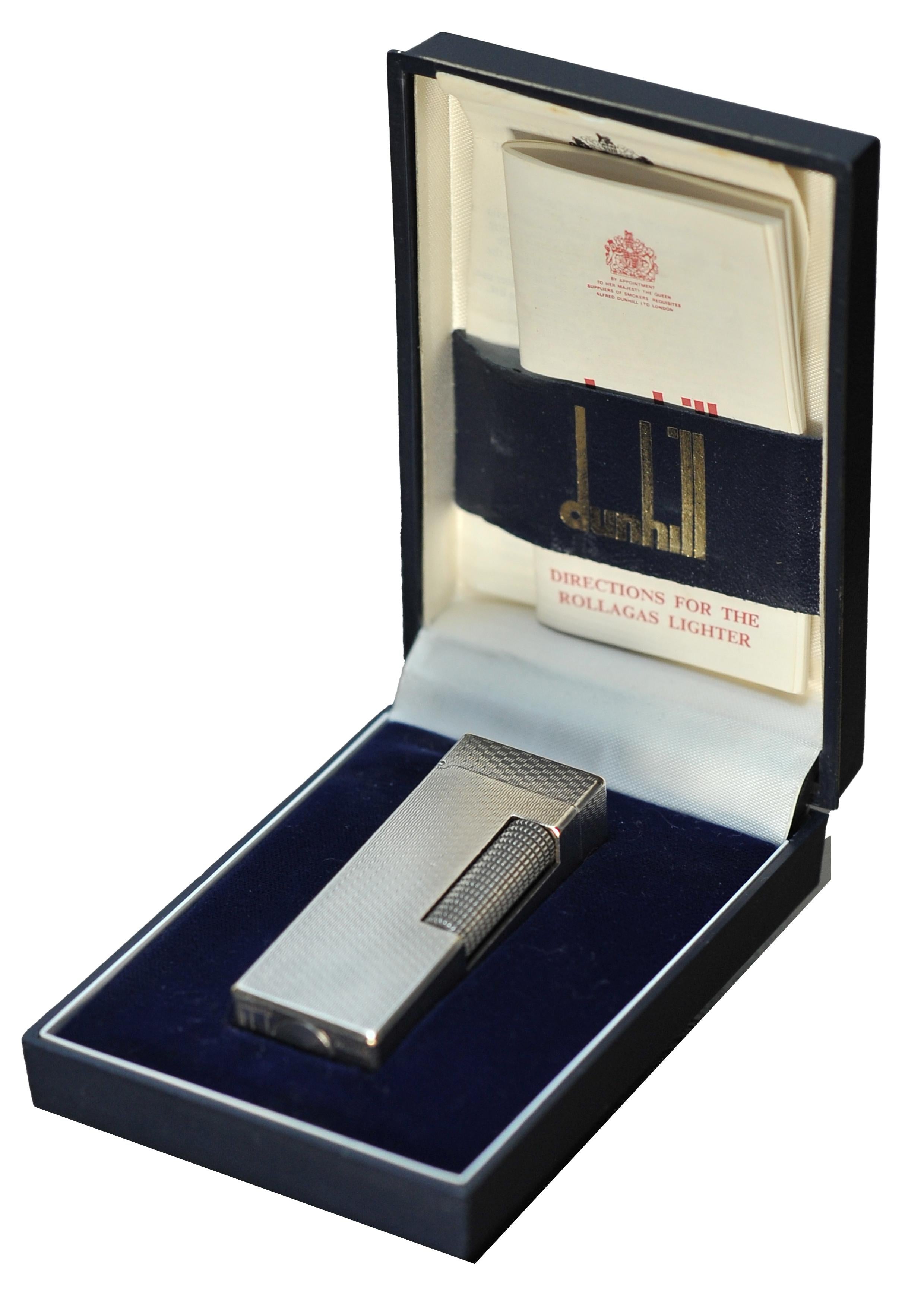 Chrome Alfred Dunhill Briquet Engine Turned Rollagas Cigarette Lighter With Dunhill Box For Sale