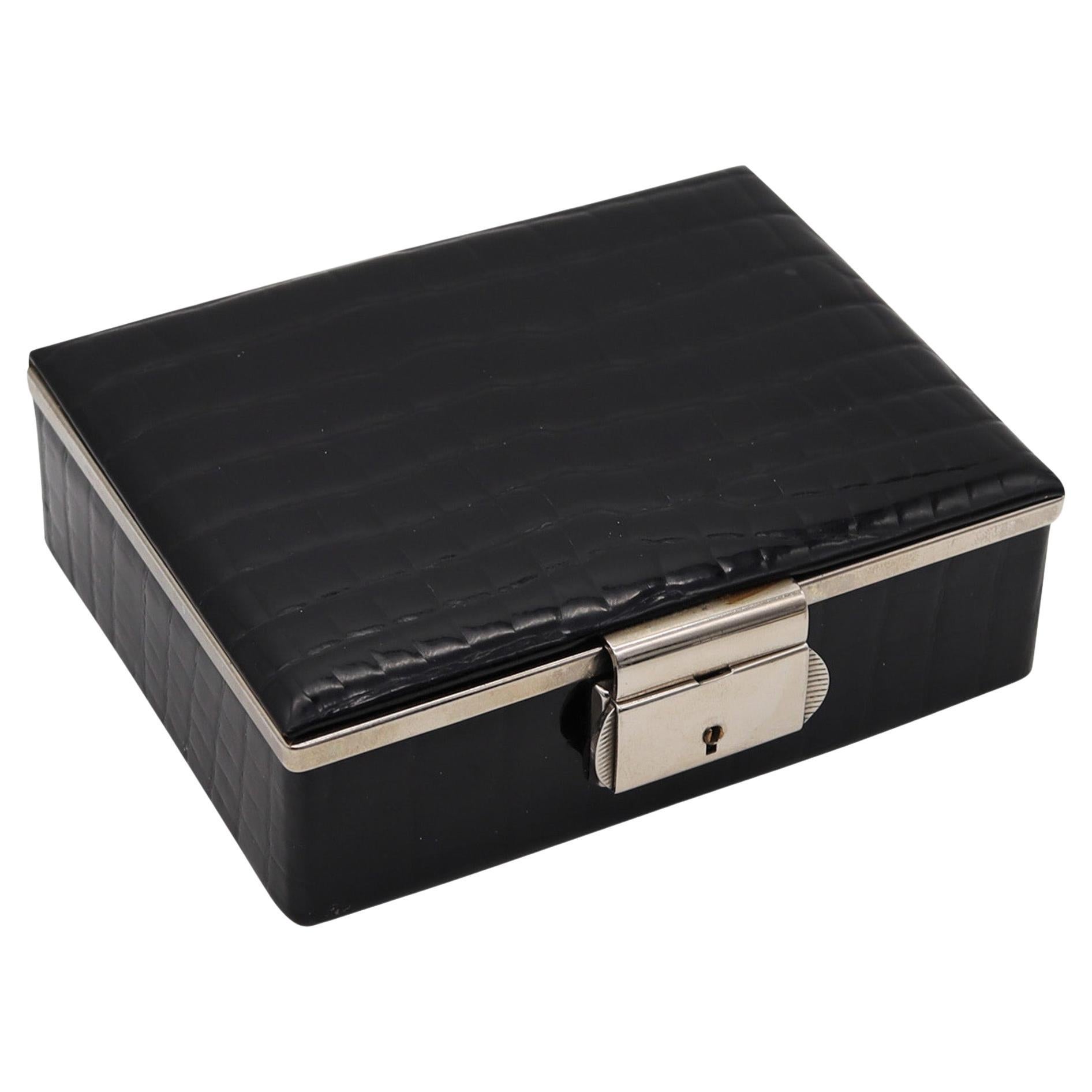 Alfred Dunhill Germany 1990 Decorative Desk Box In Black Leather & Chromed Steel For Sale
