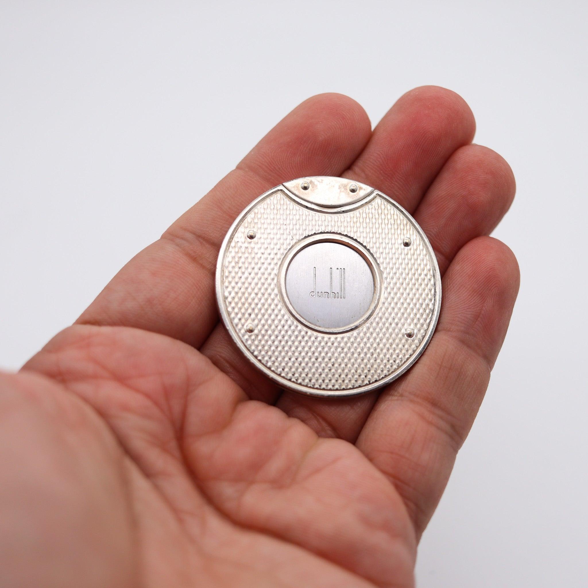 ALFRED DUNHILL London Round Cigar Cutter In Steel & .925 Sterling Silver In Box In Excellent Condition In Miami, FL