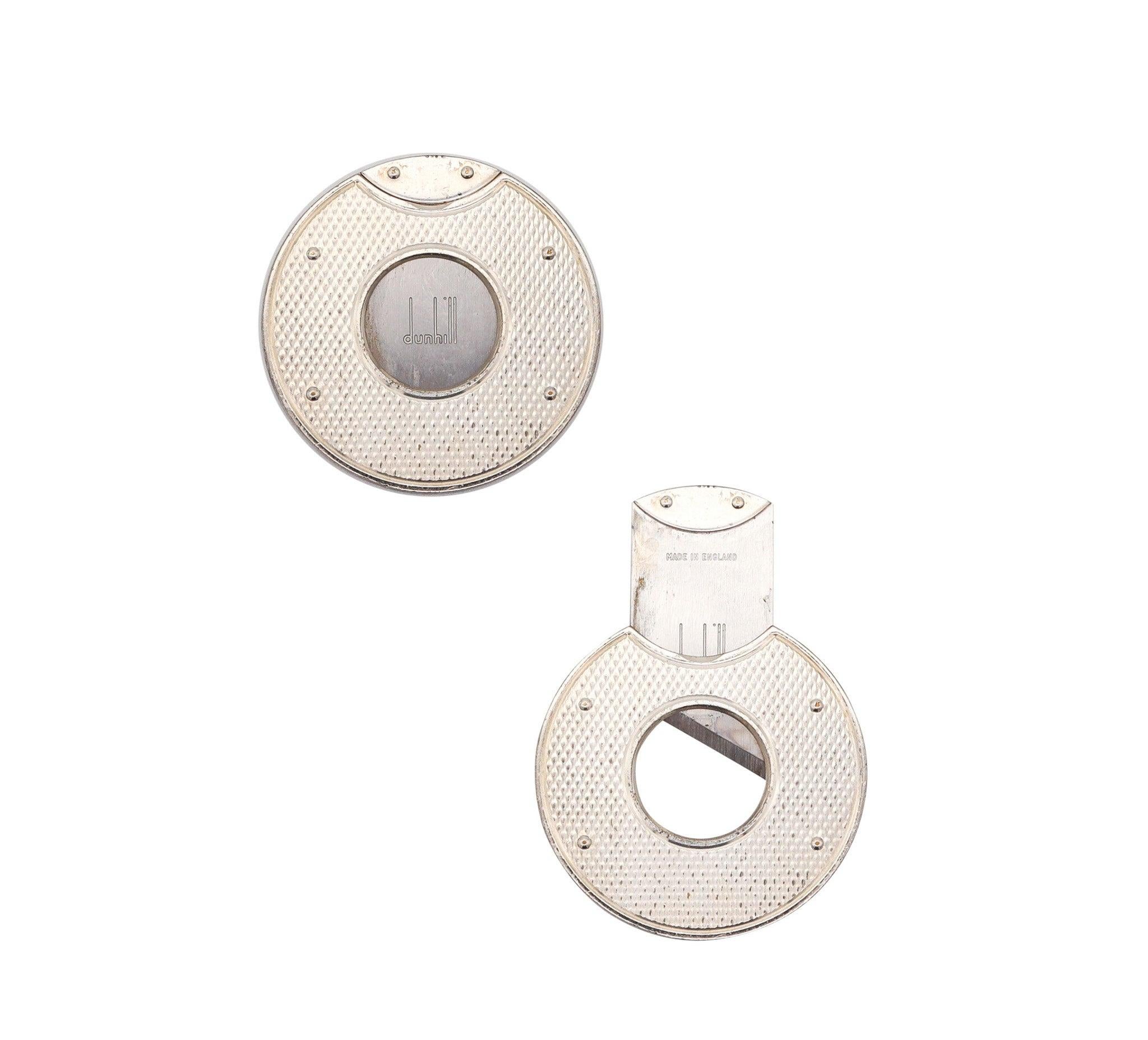 Late 20th Century ALFRED DUNHILL London Round Cigar Cutter In Steel & .925 Sterling Silver In Box