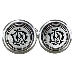 Alfred Dunhill Round Silver Rare Gothic Logo Cufflinks, Circa 2000