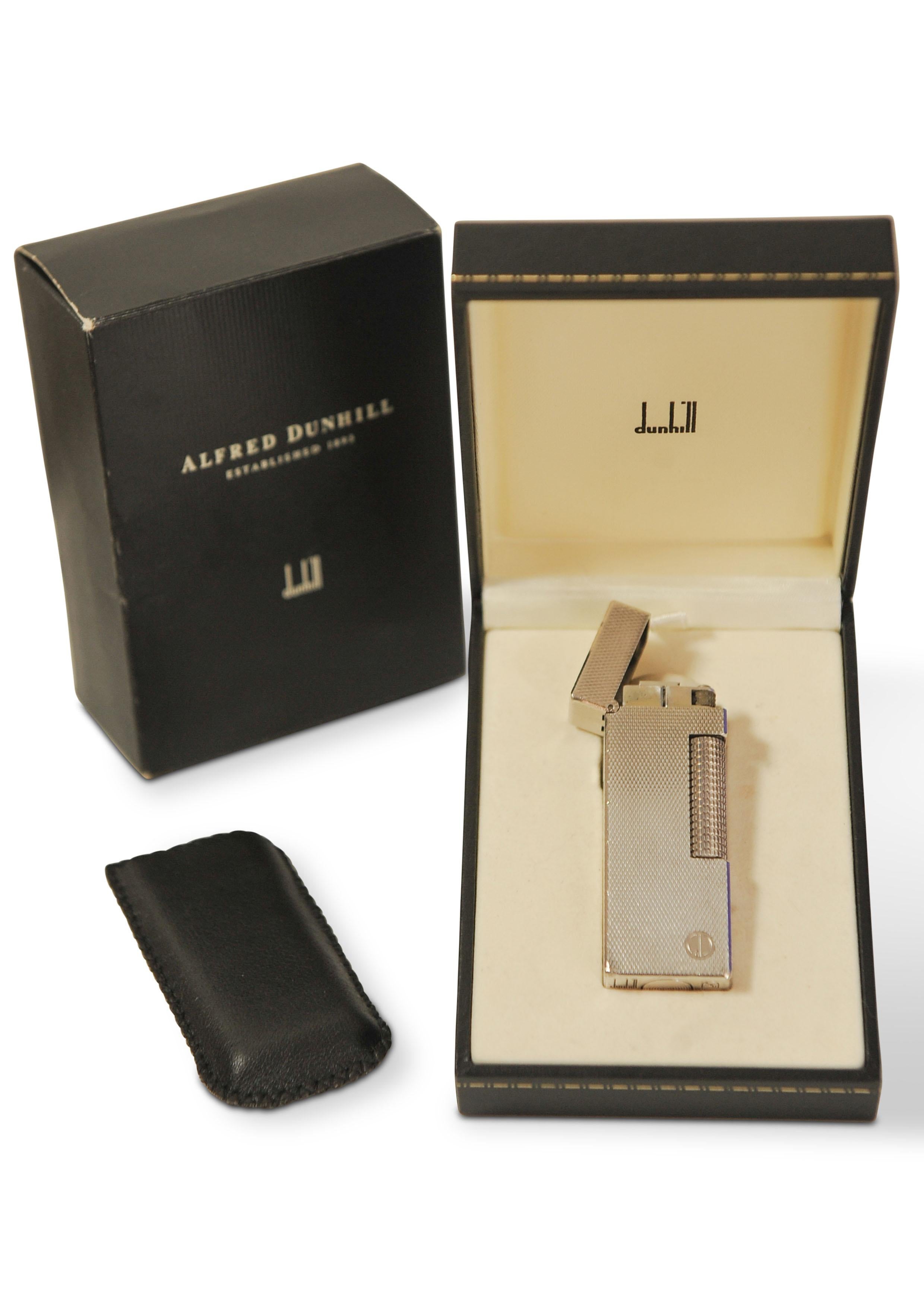 Svizzero Alfred Dunhill Accendisigari Rollagas placcato argento con custodia in pelle, scatola in vendita