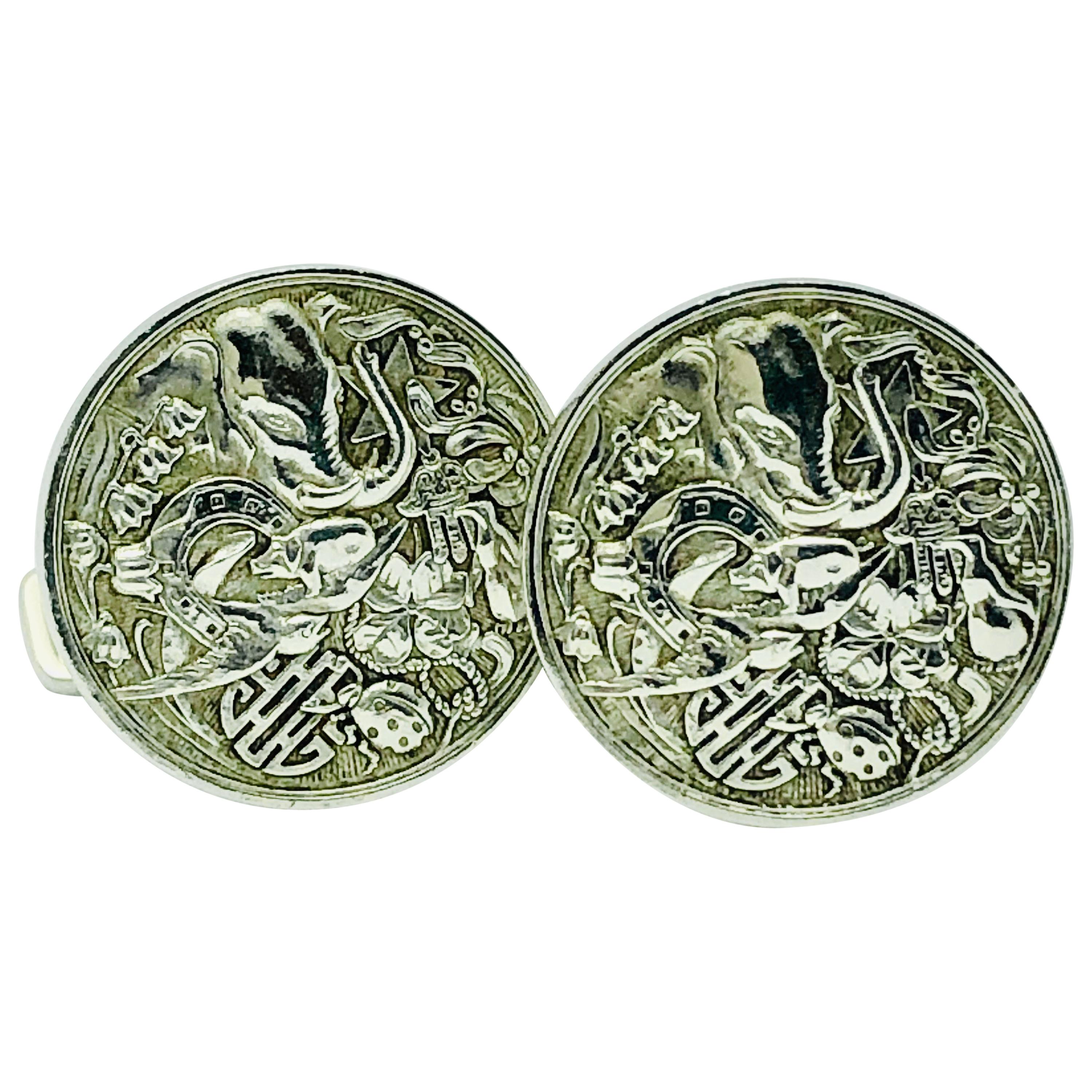 Alfred Dunhill Sterling Silver Animal Themed Round Cufflinks