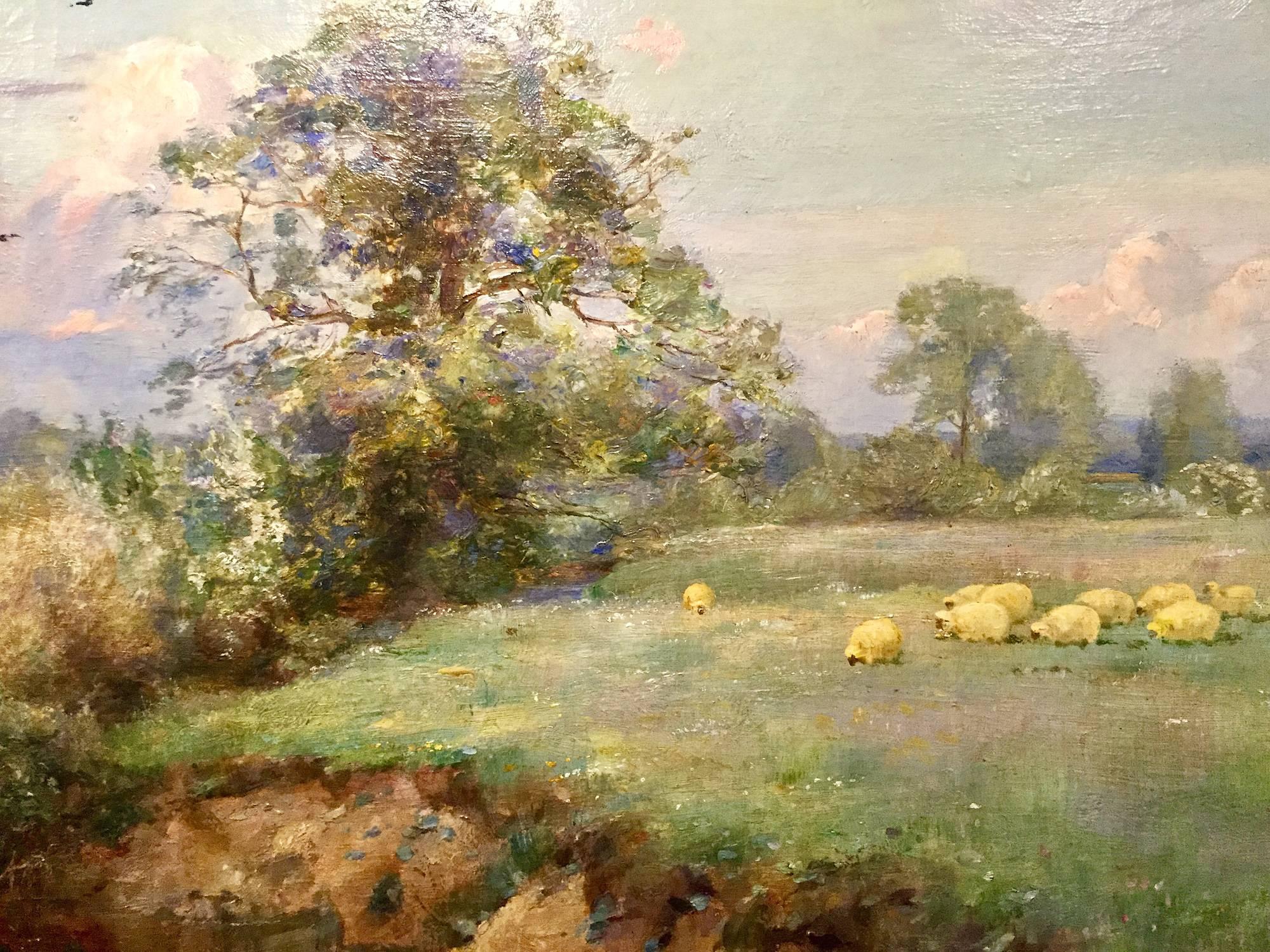Weidende Schafe in einer Landschaft von Sir Alfred East RA  (1844-1913)
Öl auf Leinwand.
Gesamtgröße mit Gemälde und Rahmen: 134cm x 104cm x 7cm
Eindeutig signiert und datiert 1906
Original vergoldeter Rahmen.

Sir Alfred East wurde am 15. Dezember