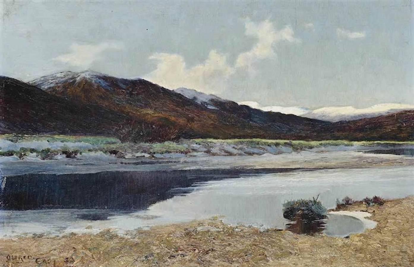 Lac et montagne : un paysage écossais par Sir Alfred East (1844-1913)

Huile sur toile
Clairement signé.
Dans un cadre doré d'origine.
Taille totale incluant la peinture et le cadre : 40cm x 55cm x 3cm

Sir Alfred East est né en 1844 à Kettering,