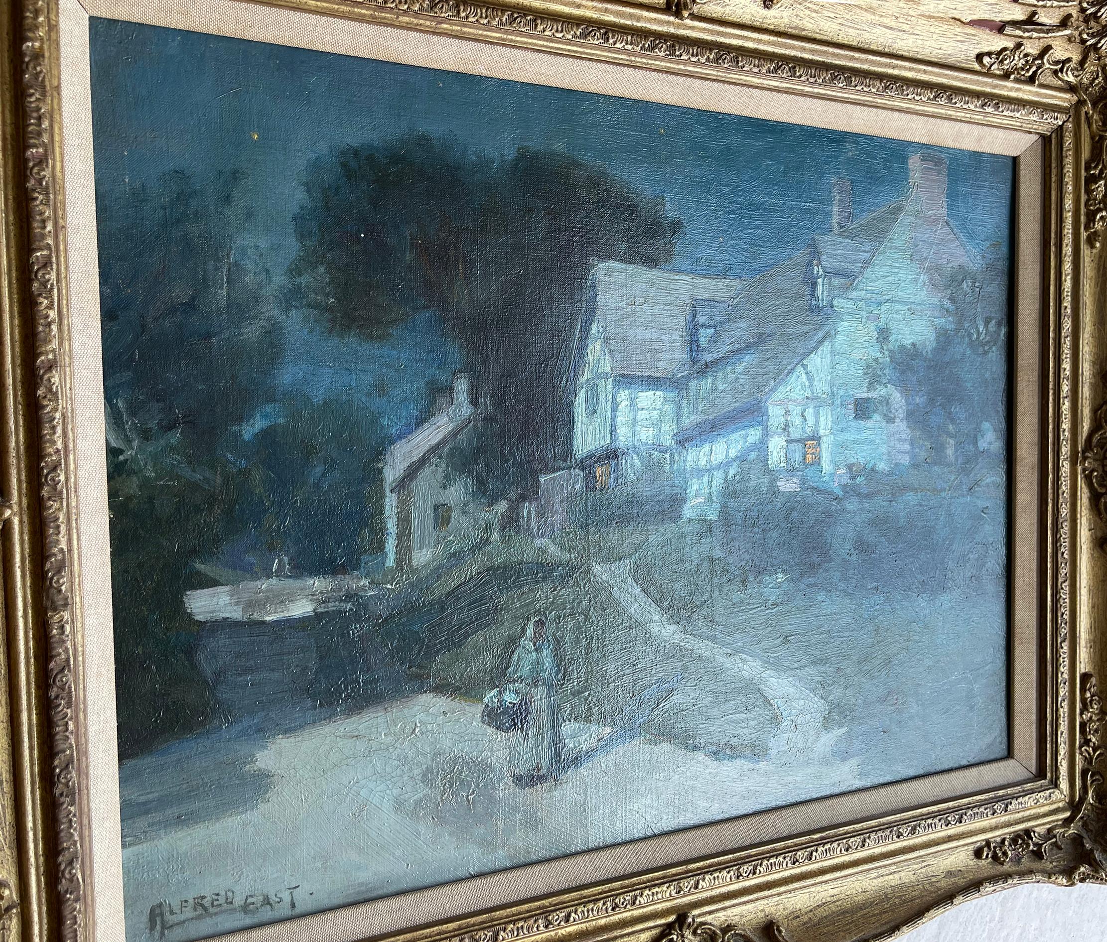 Sir Alfred East a peint une série de paysages au clair de lune qui rappelle l'école de Barbizon, Corot et certains impressionnistes. Cette peinture a deux sources de lumière. Le clair de lune et la lumière de la fenêtre qui est représentée par