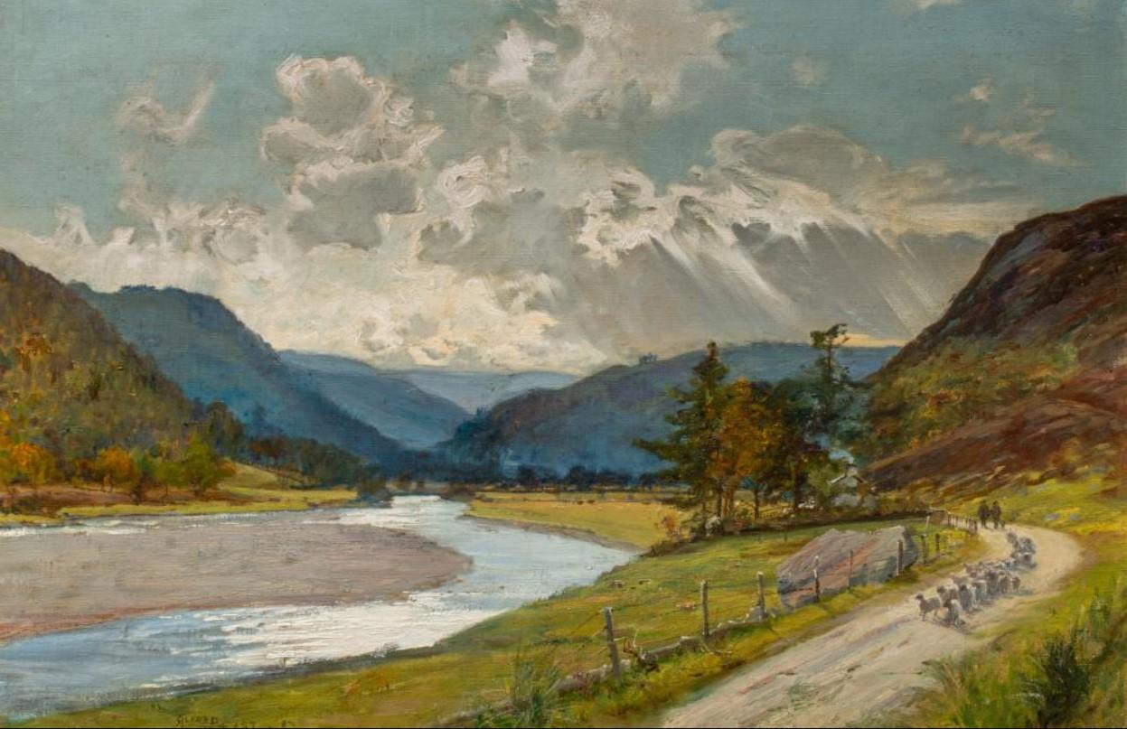 Alfred East Landscape Painting - Moving the Flock, Signed Oil on canvas Scottish Highlands Landscape 
