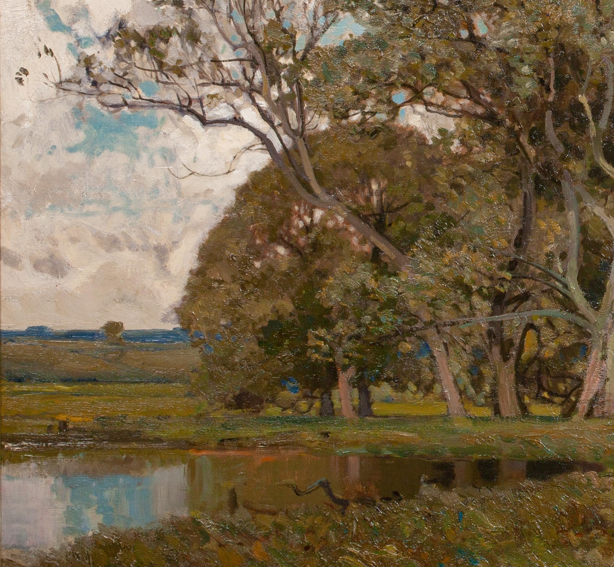 Tranquil Waters, River Ouse, Yorkshire, 19th Century

by ALFRED EAST (1849-1913) sales to $45,000

Fine Large 19th Century English River landscape during summer, oil on canvas by Alfred East. Large scale, immaculate condition and leading example of