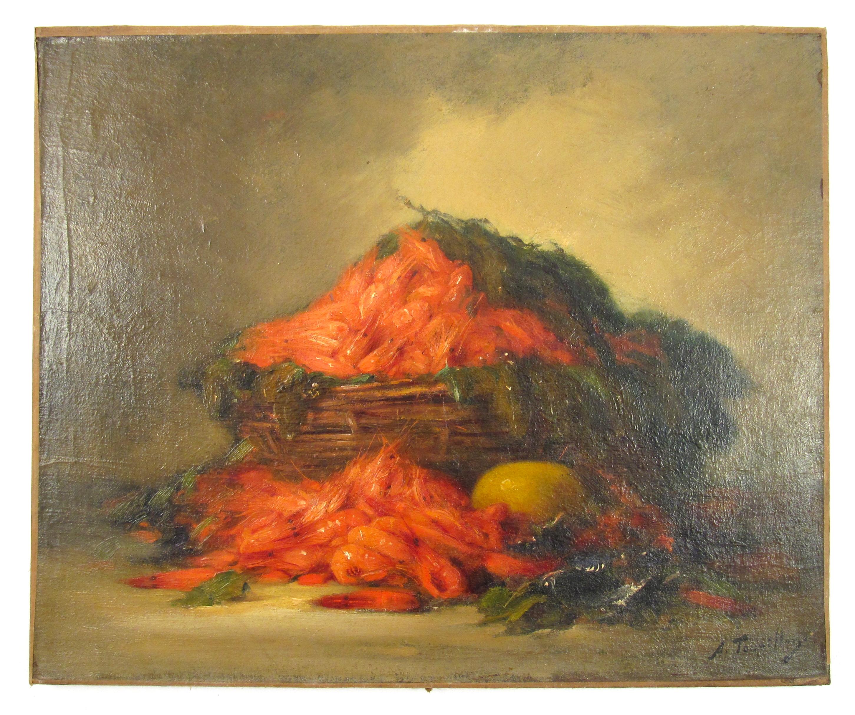 Alfred Edouard Tourillon (1871 1942) Nature morte - Panier de crevettes Peinture à l'huile en vente 11