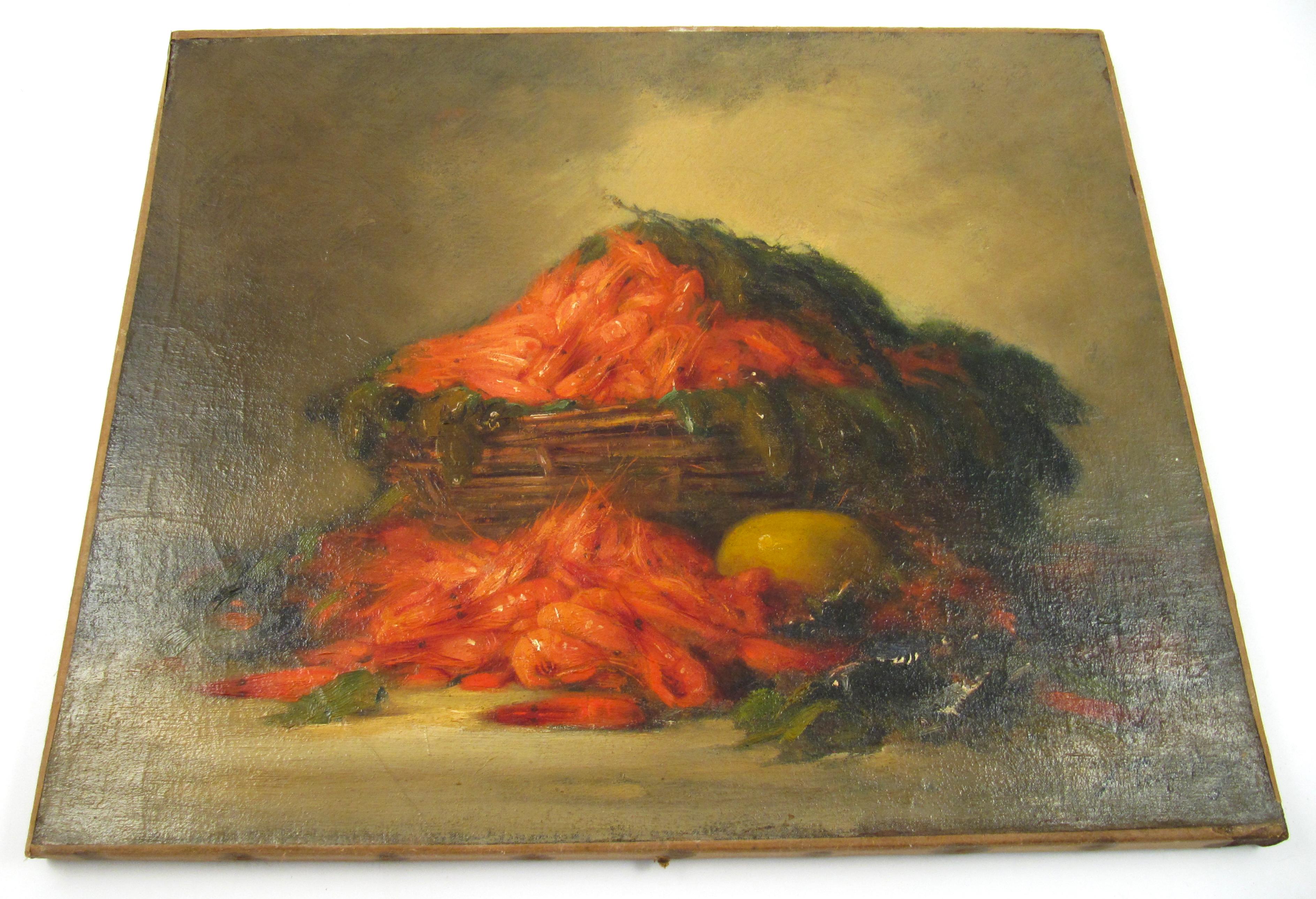 Alfred Edouard Tourillon (1871 1942) Nature morte - Panier de crevettes Peinture à l'huile en vente 12
