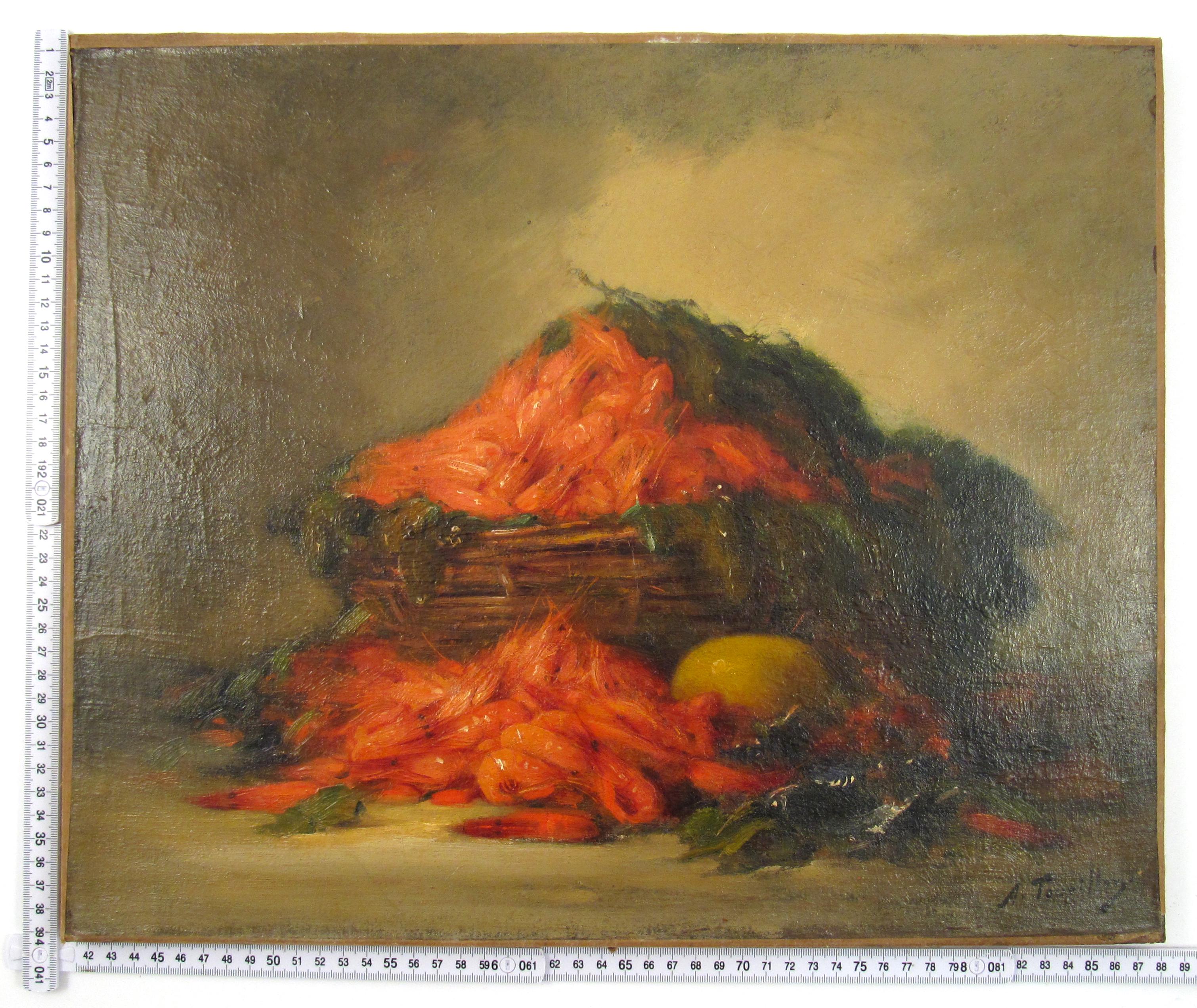 Alfred Edouard Tourillon (1871 1942) Nature morte - Panier de crevettes Peinture à l'huile en vente 16