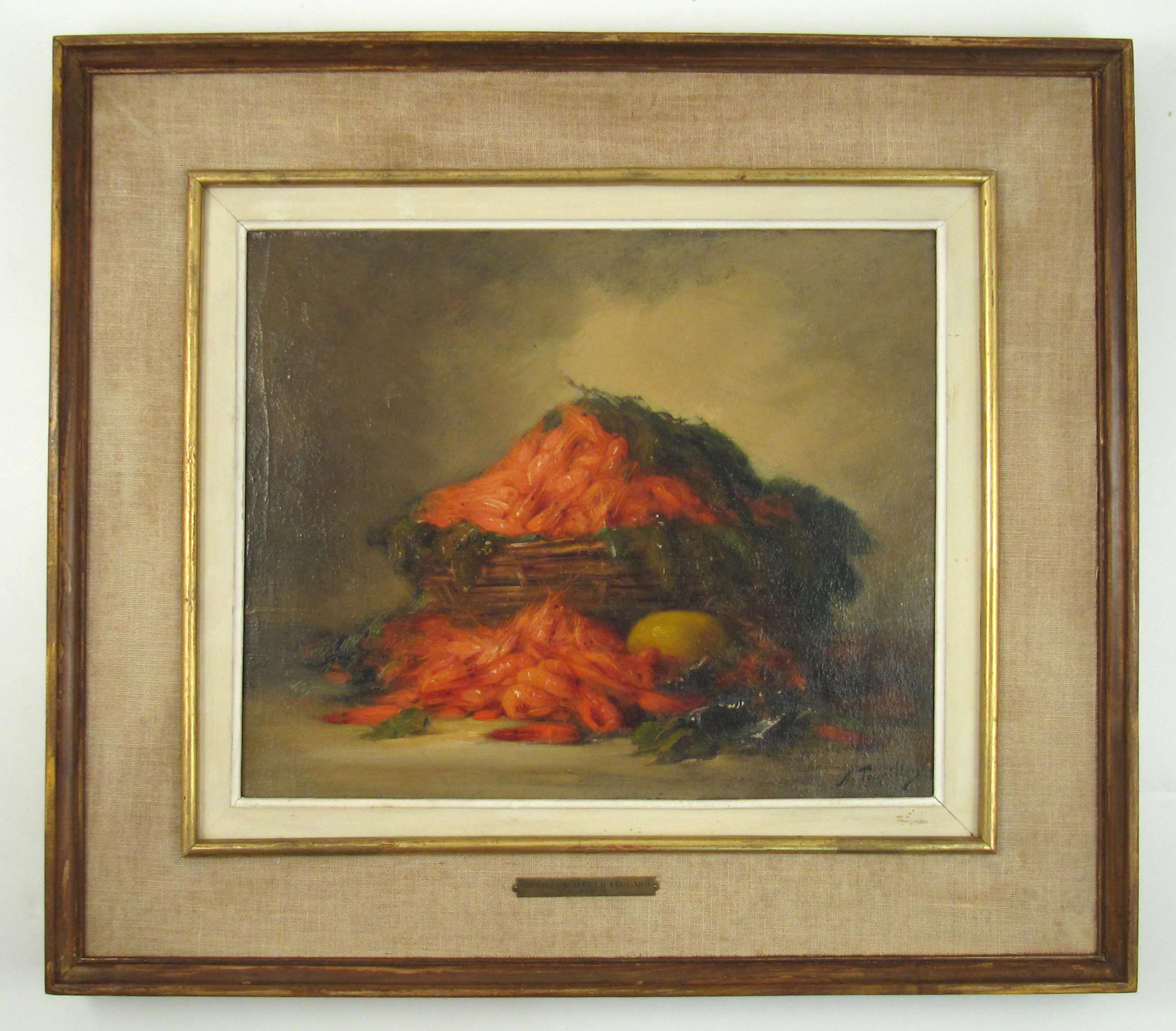 Alfred Edouard Tourillon (1871 1942) Nature morte - Panier de crevettes Peinture à l'huile en vente 1