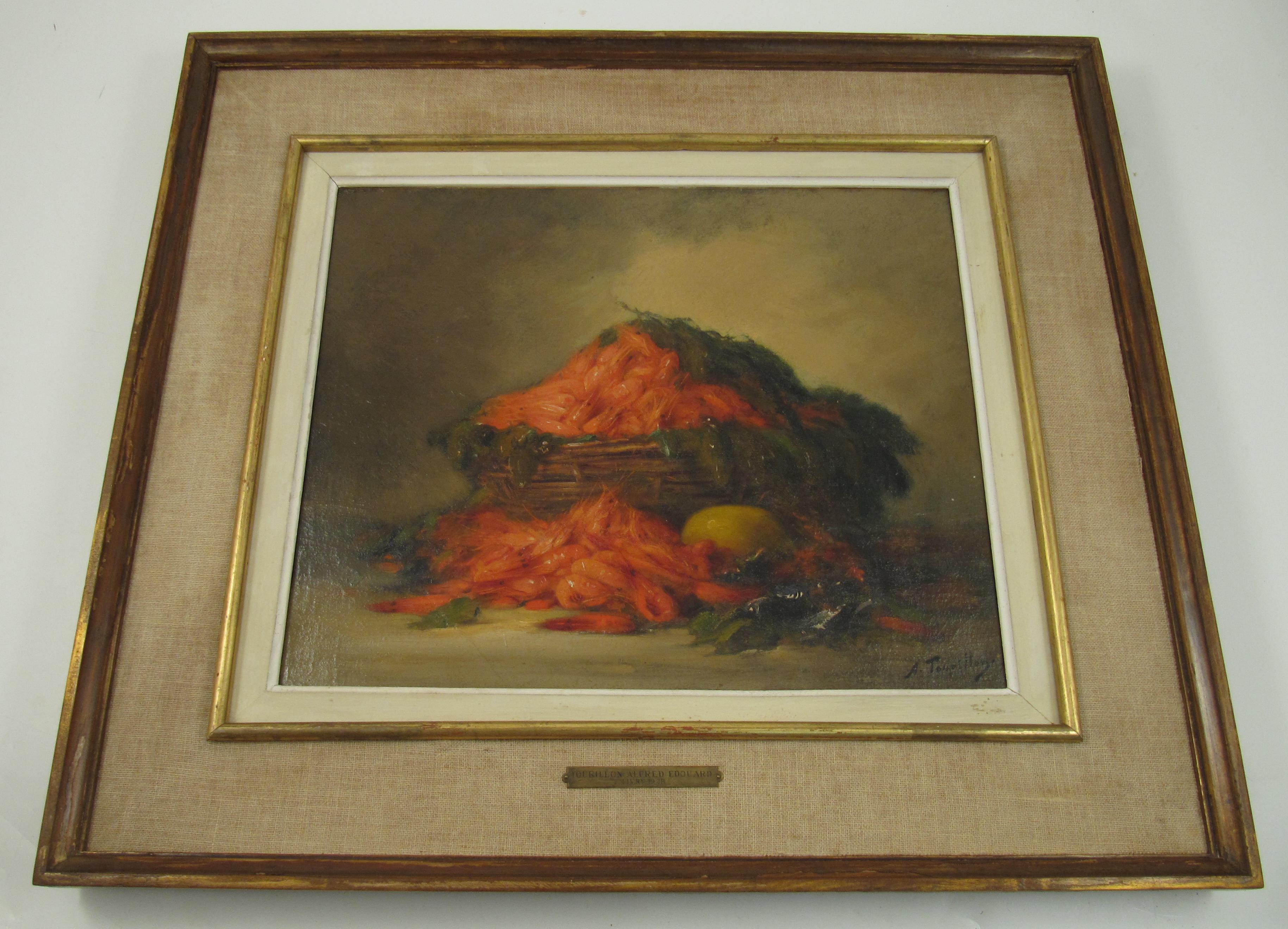 Alfred Edouard Tourillon (1871 1942) Nature morte - Panier de crevettes Peinture à l'huile en vente 2
