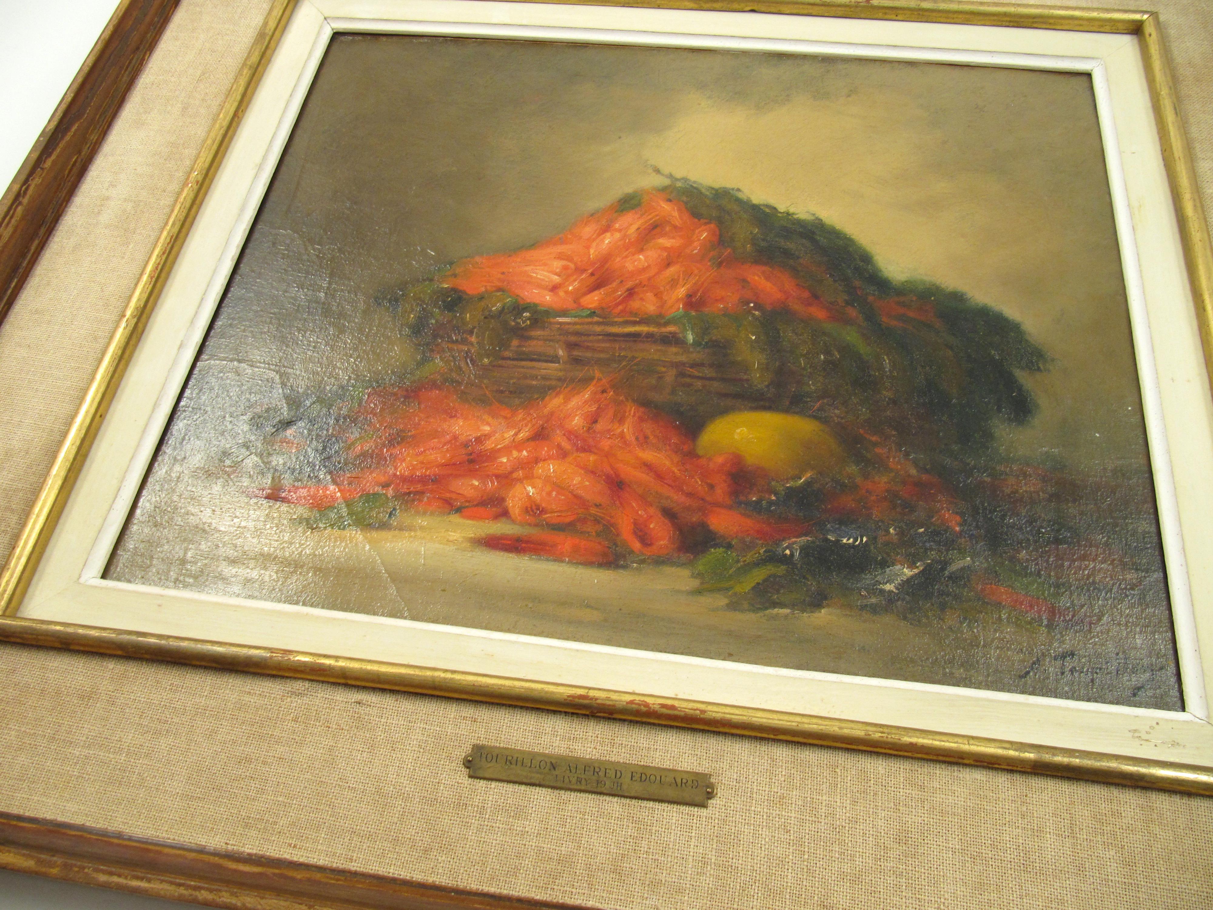 Alfred Edouard Tourillon (1871 1942) Nature morte - Panier de crevettes Peinture à l'huile en vente 5