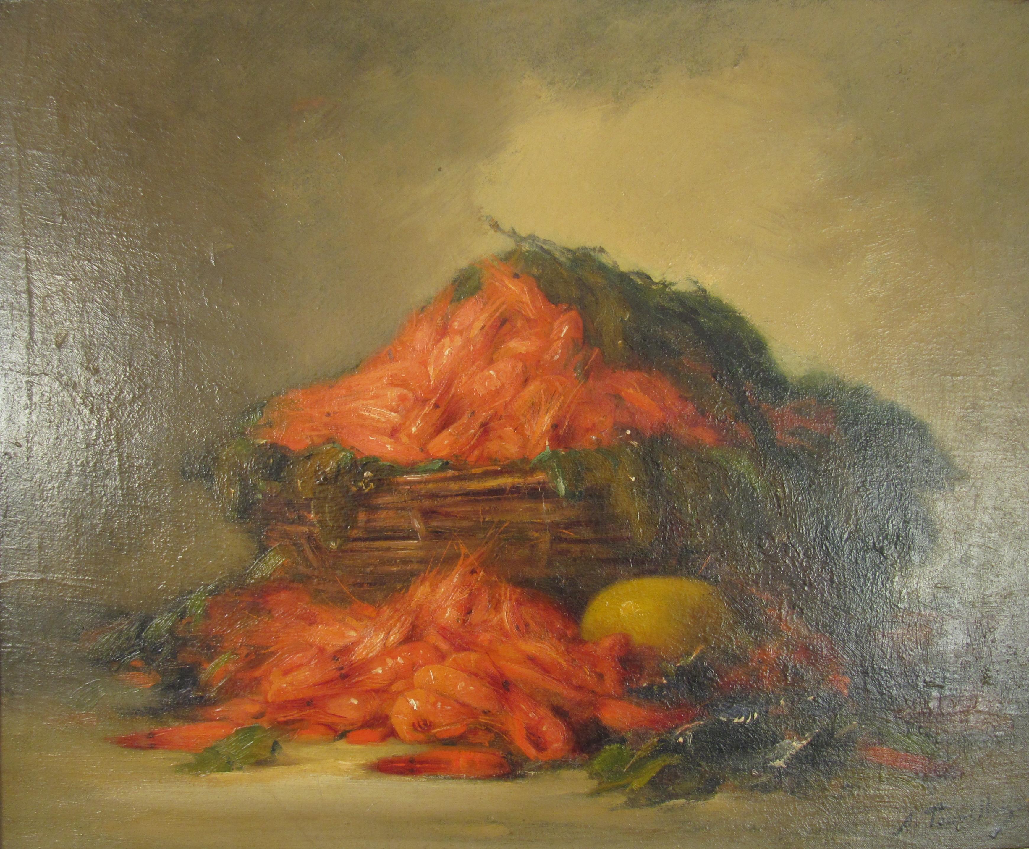 Alfred Edouard Tourillon (1871 1942) Still Life - Basket of Shrimps Oil Painting For Sale 5