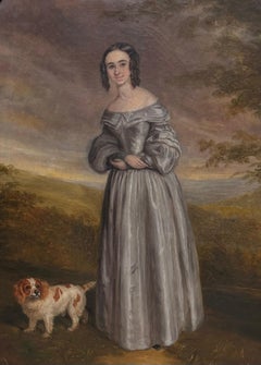 19th Century English Country House Portrait Lady & King Charles Spaniel Dog