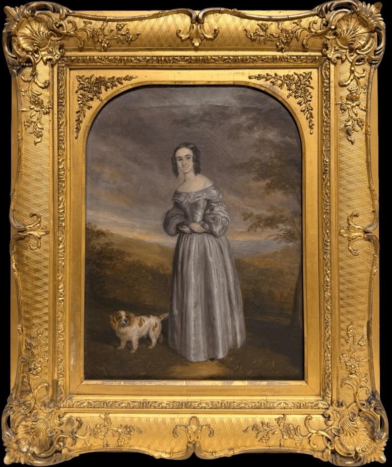 19. Jahrhundert Englisch Landhaus Porträt Dame & King Charles Spaniel Hund