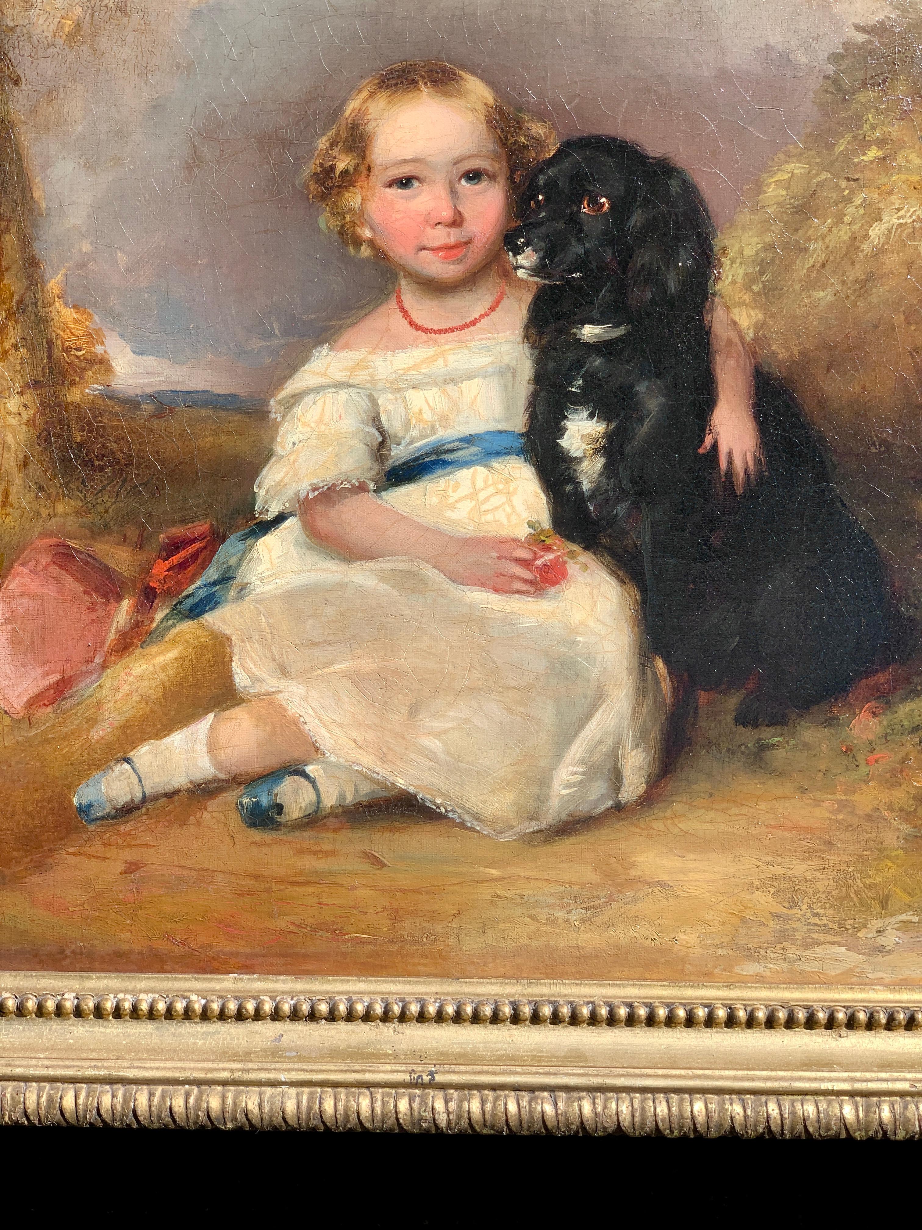 Early 19th century portrait of a young girl setting with her pet spaniel dog - Painting by Alfred Edward Chalon