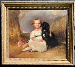 Early 19th century portrait of a young girl setting with her pet spaniel dog