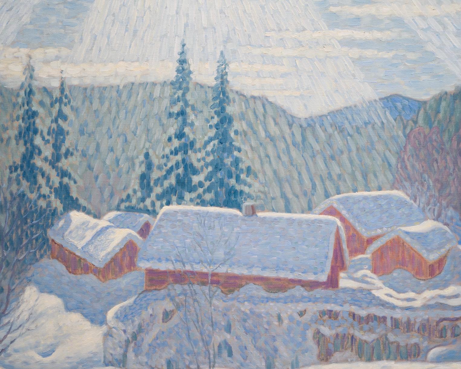 Dos cuadros en uno, Paisaje Art Nouveau y Paisaje de Invierno. Marco de roble - Painting de Alfred Ekstam