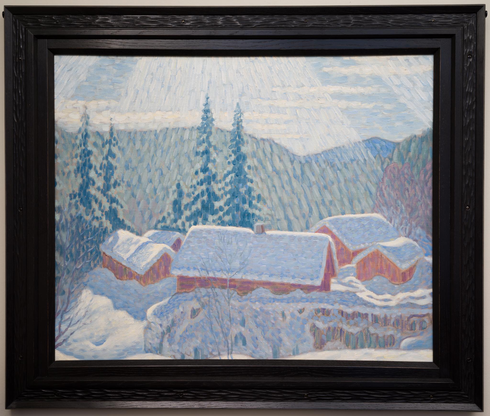 Dos cuadros en uno, Paisaje Art Nouveau y Paisaje de Invierno. Marco de roble - Landscape Painting Negro de Alfred Ekstam
